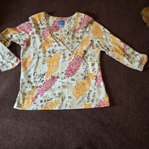 Lark Lane Animal Print Top 3/4 Sleeve Size Medium Orange/Pink And Cream
